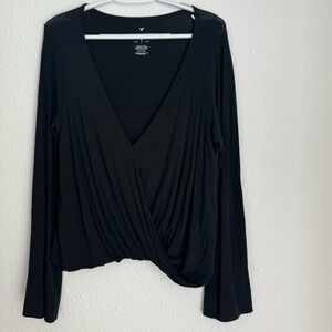 American Eagle soft and sexy black long bell sleeve v-neck drapey blouse, size S